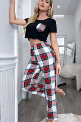 BEAUTIFUL I AM Lettuce Trim Cropped T-Shirt and Plaid Pants Lounge Set Sleep Wear