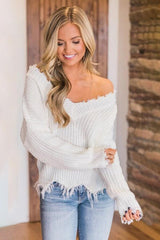 BEAUTIFUL I AM Frayed Hem Dropped Shoulder Sweater