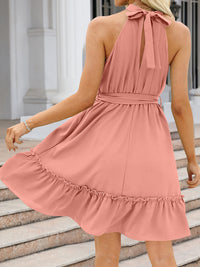 BEAUTIFUL I AM Ruched Grecian Neck Tie Waist Mini Dress