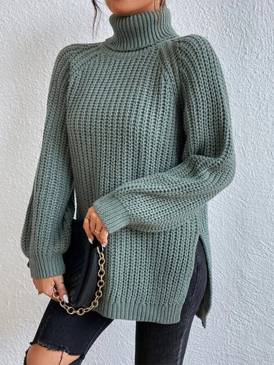 BEAUTIFUL I AM Full Size Turtleneck Rib-Knit Slit Sweater