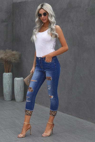 BEAUTIFUL I AM Leopard Patch Distressed Cropped Jeans