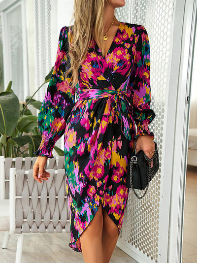 BEAUTIFUL I AM Printed Tie Front Lantern Sleeve Dress