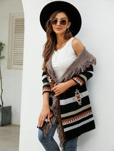 BEAUTIFUL I AM Fringe Geometric Hooded Long Sleeve Cardigan