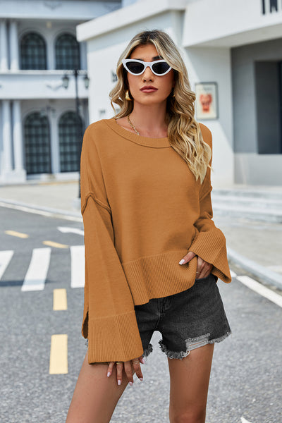 BEAUTIFUL I AM Round Neck Dropped Shoulder Slit Sweater