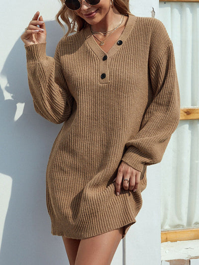 BEAUTIFUL I AM Buttoned V-Neck Sweater Dress