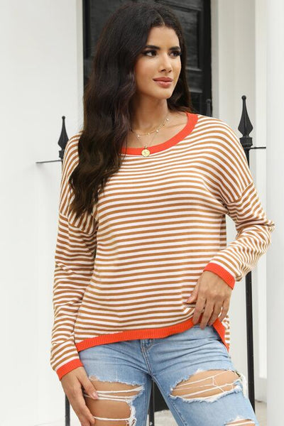 BEAUTIFUL I AM Striped Round Neck Drop Shoulder Shirt