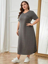 BEAUTIFUL I AM Plus Size Pocketed V-Neck Short Sleeve Lounge Dress