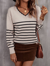 BEAUTIFUL I AM Striped V-Neck Drop Shoulder Sweater