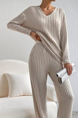 BEAUTIFUL I AM Ribbed V-Neck Top and Pants Set