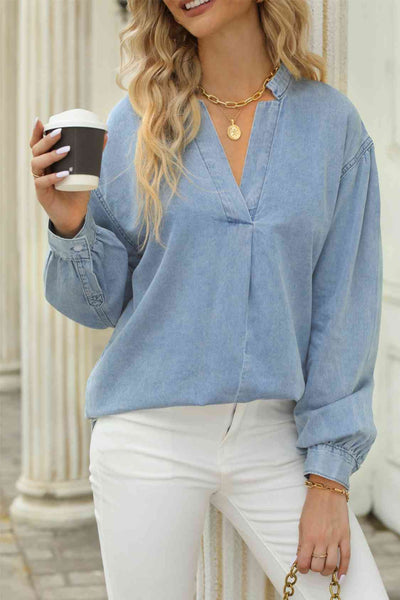 BEAUTIFUL I AM Notched Neck Denim Top Shirt