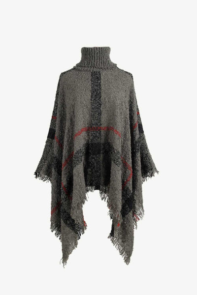 BEAUTIFUL I AM Plaid Turtleneck Raw Hem Poncho