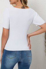 BEAUTIFUL I AM Ribbed Square Neck Short Sleeve Shirt