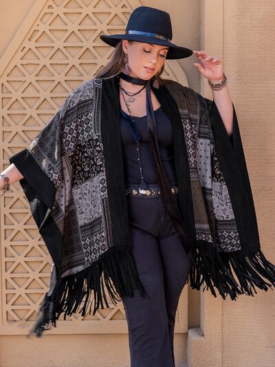 BEAUTIFUL I AM Plus Size Printed Fringe Open Front Outerwear