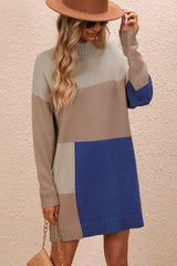 BEAUTIFUL I AM Color Block Mock Neck Dropped Shoulder Sweater Dress