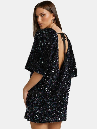 BEAUTIFUL I AM Sequin Tie Back Half Sleeve Mini Dress