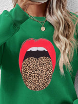 BEAUTIFUL I AM Leopard Lip Graphic Round Neck Sweatshirt