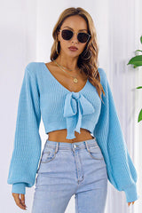 BEAUTIFUL I AM Bow V-Neck Long Sleeve Cropped Sweater