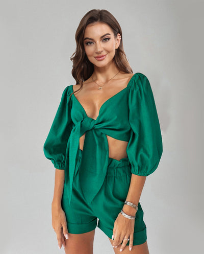 BEAUTIFUL I AM Cutout Puff Sleeve Top and Shorts Set