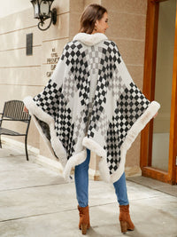 BEAUTIFUL I AM Checkered Faux Fur Trim Poncho