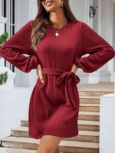 BEAUTIFUL I AM Round Neck Tie Front Long Sleeve Dress