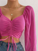 BEAUTIFUL I AM Drawstring Sweetheart Neck Cropped Top Shirt