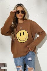 BEAUTIFUL I AM Round Neck Long Sleeve Smily Face Graphic Sweater