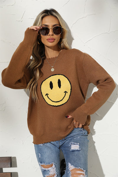 BEAUTIFUL I AM Round Neck Long Sleeve Smily Face Graphic Sweater