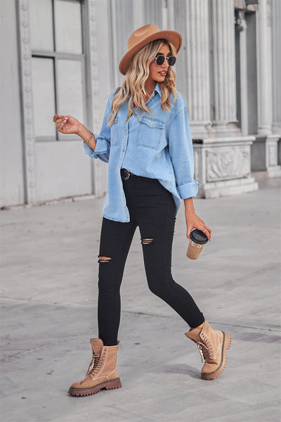 BEAUTIFUL I AM Collared Neck Dropped Shoulder Denim Shirt Top