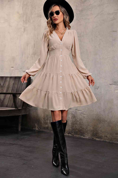 BEAUTIFUL I AM V Neck Button Up Tiered Dress