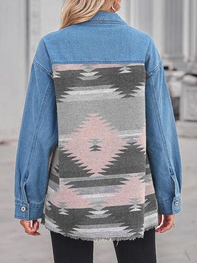 BEAUTIFUL I AM Geometric Raw Hem Button Up Denim Jacket