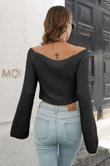 BEAUTIFUL I AM Cropped V-Neck Flare Sleeve Knit Top Shirt