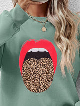 BEAUTIFUL I AM Leopard Lip Graphic Round Neck Sweatshirt