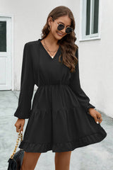 BEAUTIFUL I AM V-Neck Tie Neck Long Sleeve Dress