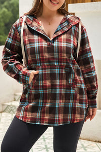 BEAUTIFUL I AM Plus Size Drawstring Plaid Quarter Button Hoodie