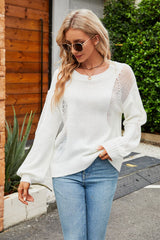 BEAUTIFUL I AM Openwork Round Neck Dropped Shoulder Knit Top Sweater