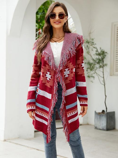 BEAUTIFUL I AM Fringe Geometric Hooded Long Sleeve Cardigan