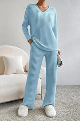 BEAUTIFUL I AM Ribbed V-Neck Top and Pants Set