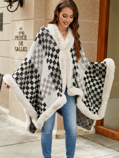 BEAUTIFUL I AM Checkered Faux Fur Trim Poncho