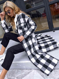 BEAUTIFUL I AM Plaid Collared Neck Slit Longline Jacket Coat