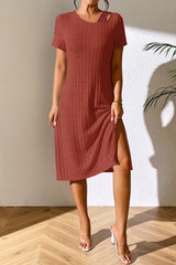 BEAUTIFUL I AM Ribbed Asymmetrical Neck Short Sleeve Dress