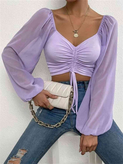 BEAUTIFUL I AM Drawstring Sweetheart Neck Cropped Top Shirt