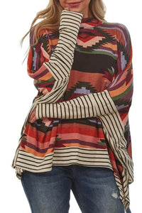 BEAUTIFUL I AM Geometric Striped Splicing Round Neck Shirt