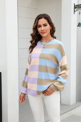 BEAUTIFUL I AM Round Neck Long Sleeve Color Block Dropped Shoulder Pullover Sweater