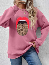 BEAUTIFUL I AM Leopard Lip Graphic Round Neck Sweatshirt