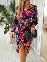 BEAUTIFUL I AM Printed Tie Front Lantern Sleeve Dress