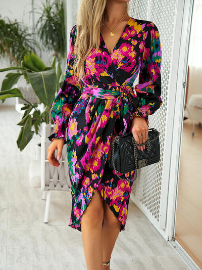 BEAUTIFUL I AM Printed Tie Front Lantern Sleeve Dress