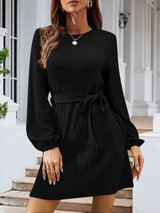 BEAUTIFUL I AM Round Neck Tie Front Long Sleeve Dress