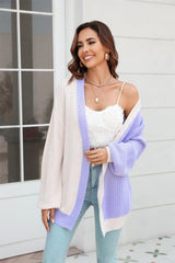 BEAUTIFUL I AM Open Front Contrast Color Balloon Sleeve Cardigan