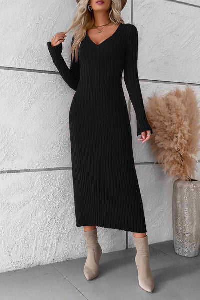 BEAUTIFUL I AM V-Neck Long Sleeve Ribbed Sweater Dress