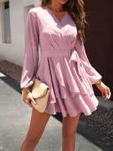 BEAUTIFUL I AM Surplice Neck Tie Waist Long Sleeve Dress